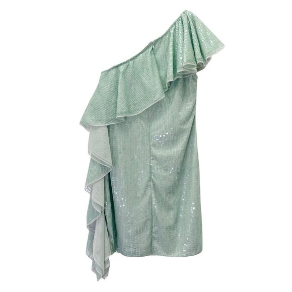 Mac Duggal Sage Sequin One Shoulder Ruffle Mini Dress Size 6 Party Cocktail - Picture 3 of 16